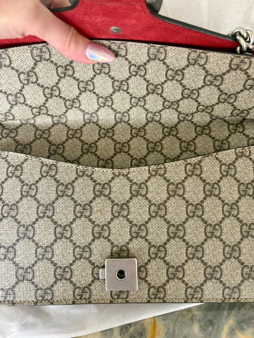 CERTIFIED GUCCI Dionysus Beige GG Supreme Canvas Shoulder Bag Red Suede Stripe !